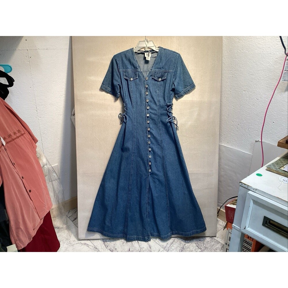 vtg dj int’l denim midi dress 7/8 v-neck front button closure lace up side